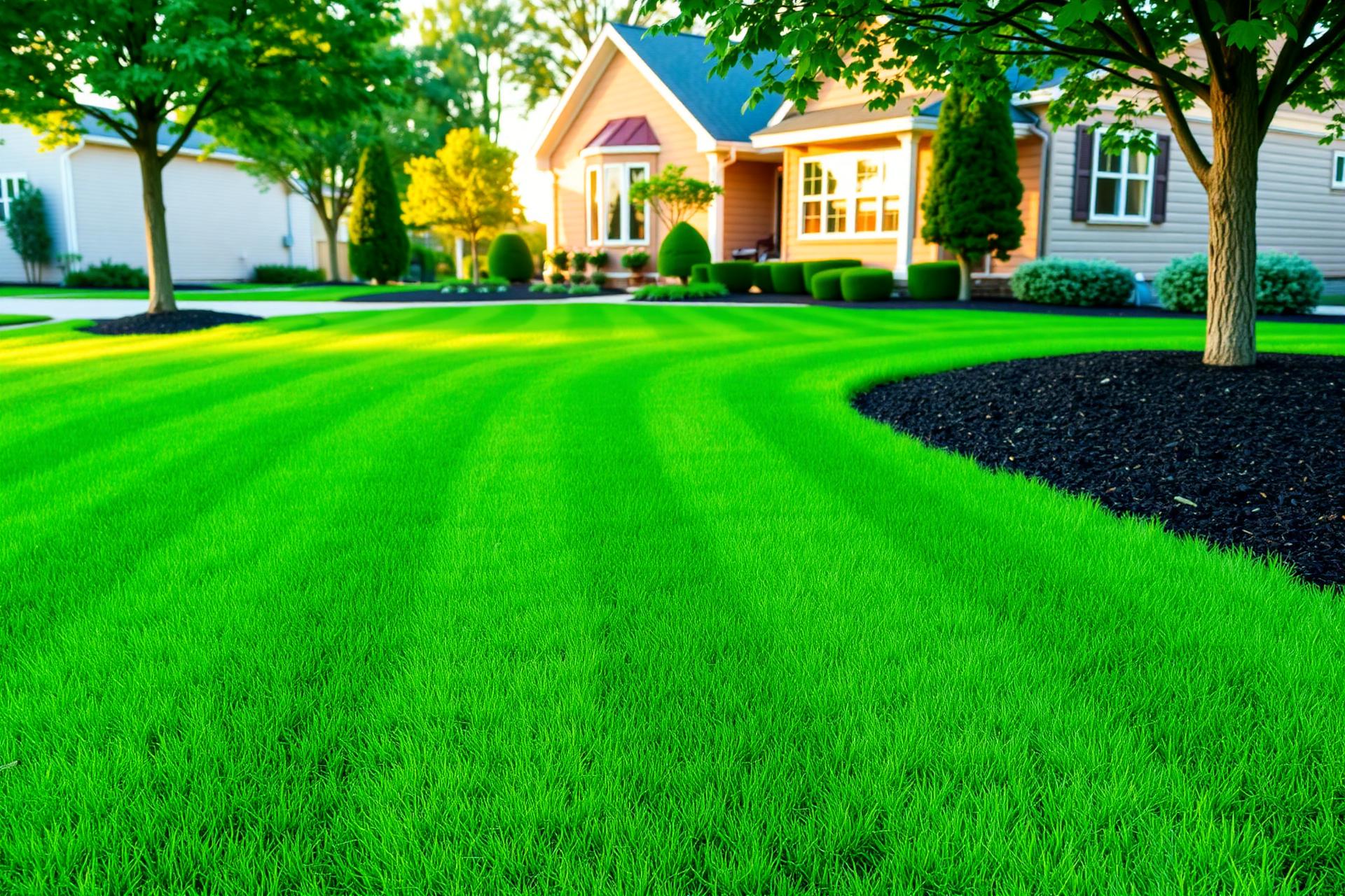 Lush, freshly cut green lawn in front of a well-kept home with mulch beds and trimmed trees
